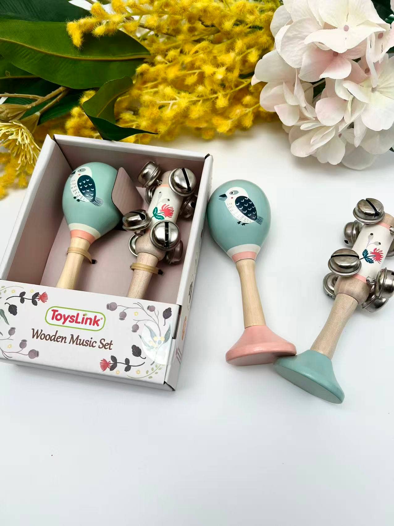 ToysLink - Wholesale Musical Toy - Kids & Baby - Wooden Kookaburra Maraca & Waratah Jingle Stick Musical Set1