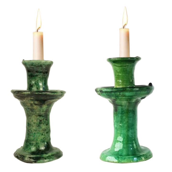Moroccantastics - Wholesale Candle Holder - Handmade Tamegroute Candleholder Set – Tall Green Moroccan Pottery: Set of 3 Ceramic Glazed Pottery7