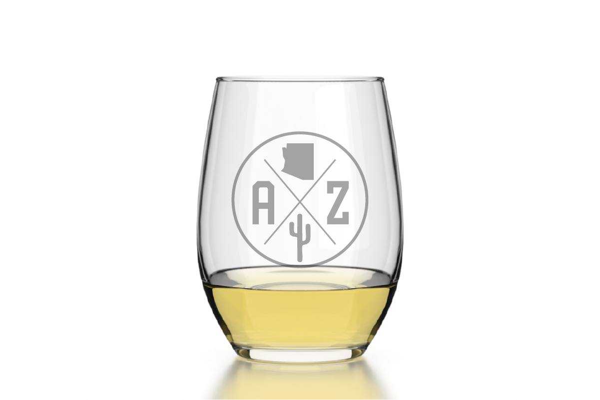 Well Told - Wholesale Wine Glass - Arizona - State Emblem - Etched Stemless Wine Glass - 16 oz0
