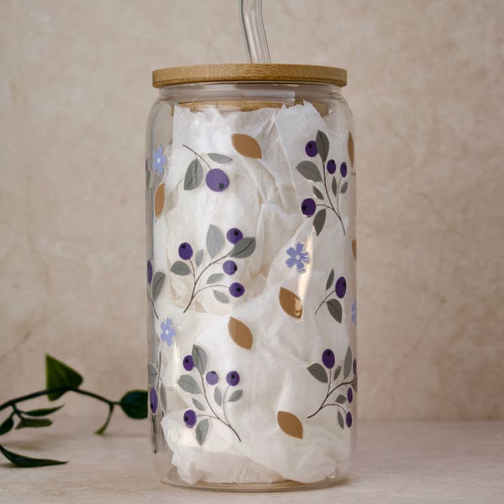 the cute cloud - Wholesale Drinking Glass/Cup - Glass Cup blueberries flowersÂ