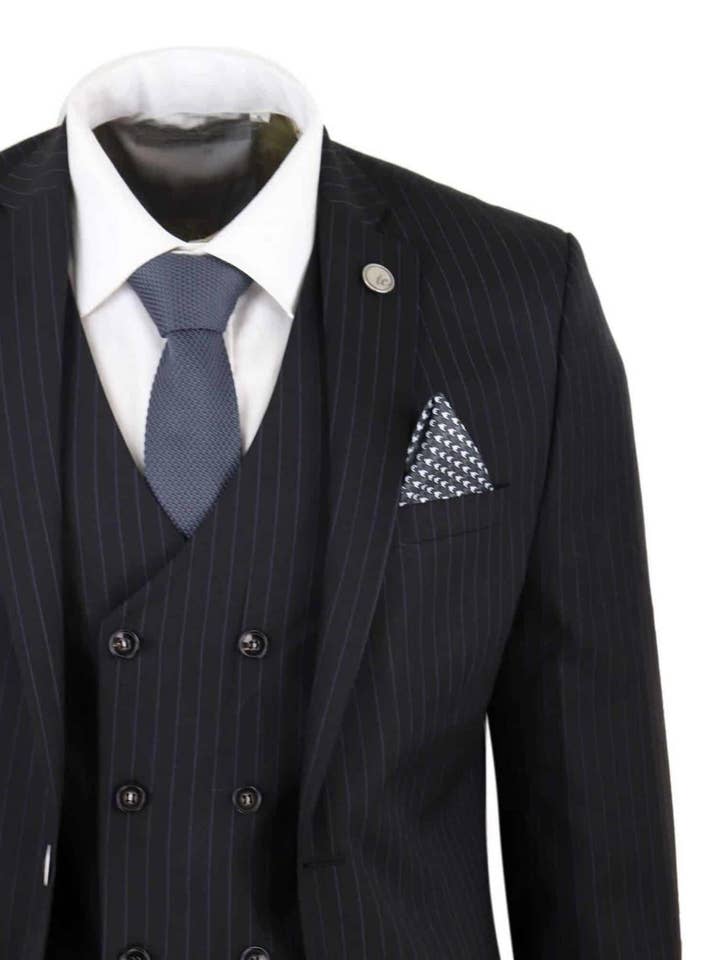 Men's 3 Piece Black Pinstripe Retro Suit for wholesale on Faire