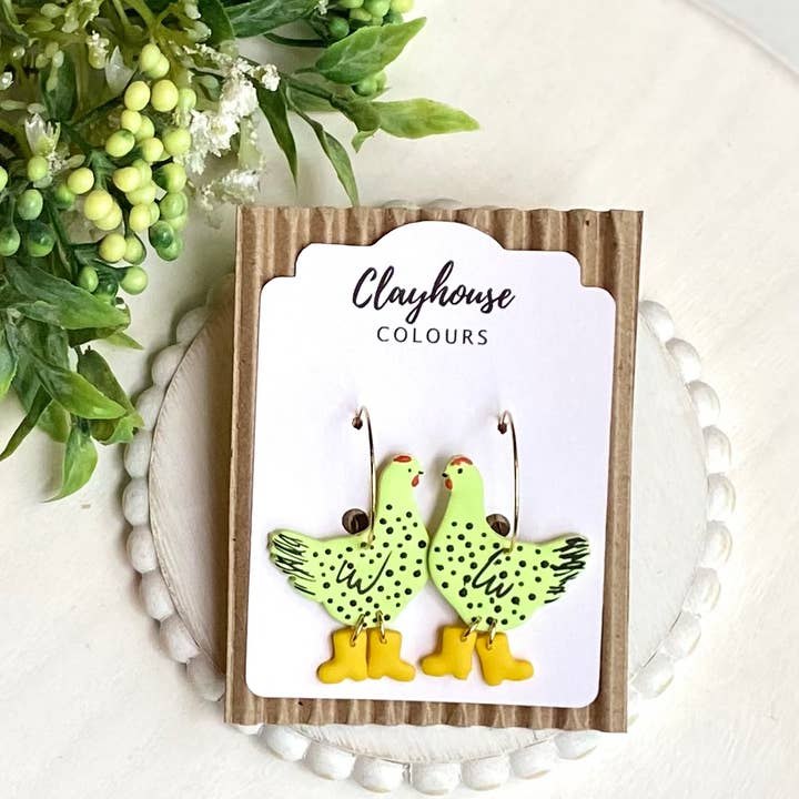 Clayhouse Colours - Wholesale Dangle Earrings - Chicken with Boots Hoops1