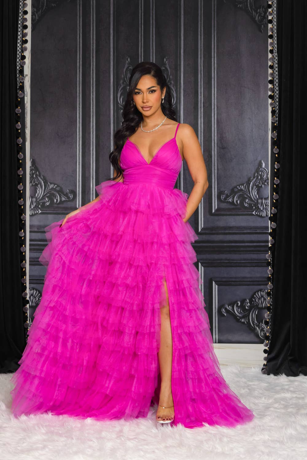 RICARICA INC. - Wholesale Gown – Women's - 9486-SOLID COLOR TULLE MAXI DRESS WITH RUFFLED SKIRT