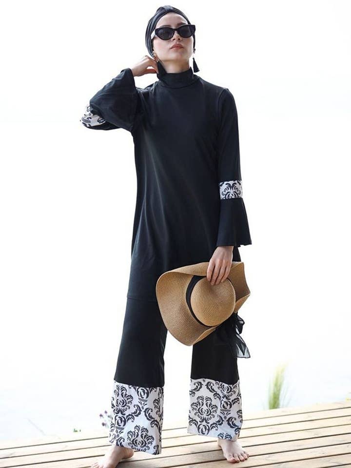 Marina Swimwear - Venta al por mayor Camisola de baño - Mujer - Traje de baño modesto de burkini negro de licra 1958
