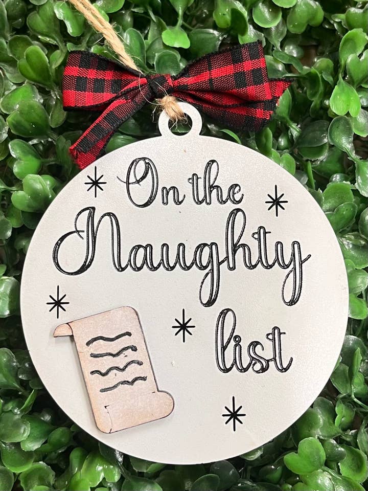 "On the Naughty List" Christmas Ornament for wholesale by Three Busy Bees Creations