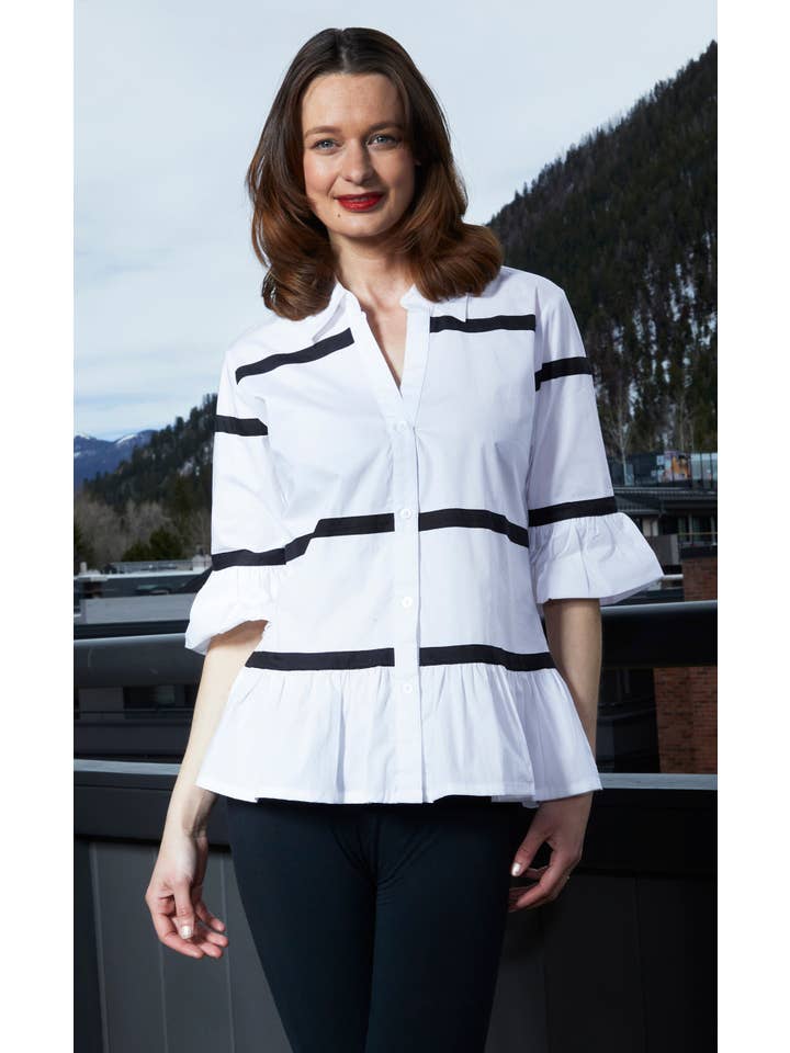 Dizzy-Lizzie - Wholesale Button Down Shirt - Women's - Lexington Peplum Top White With Ribbon Trim