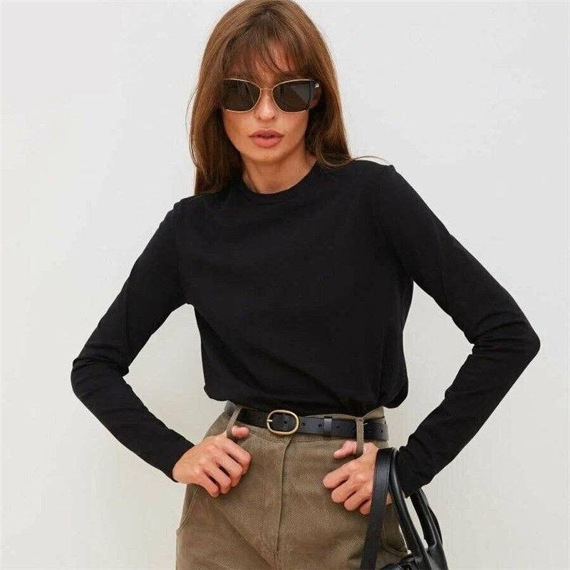 OceanusSwim – wholesale T-shirt – women's – Solid Color Round Neck Long Sleeve T-Shirt4