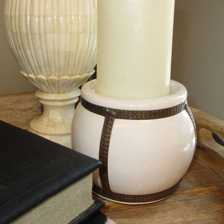 Handmade White Ceramic Pillar Candle Holder for wholesale by Shastra Home