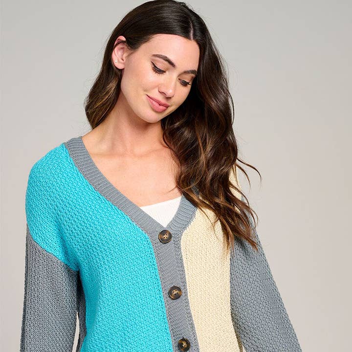 TI7369- Cardigã de malha com botões e mangas compridas em blocos de cor por atacado de IWT Brands