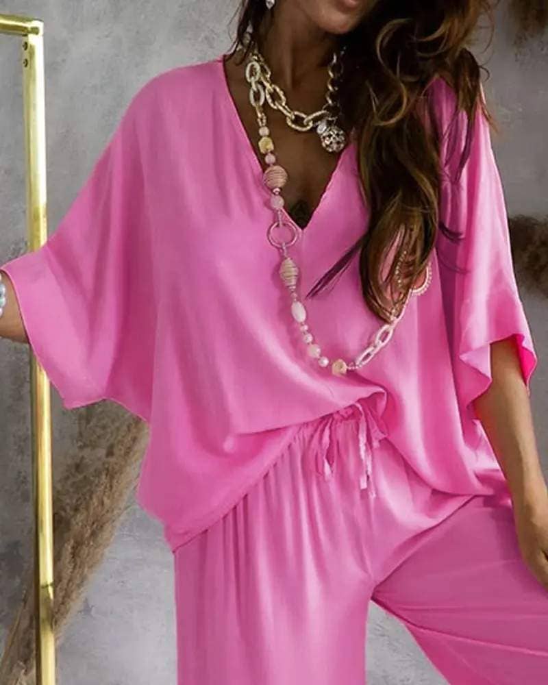 Fashion Combination - Vente Ensemble haut et jupe - Femme - Ensemble de pantalons décontractés à col en V et manches chauve-souris5