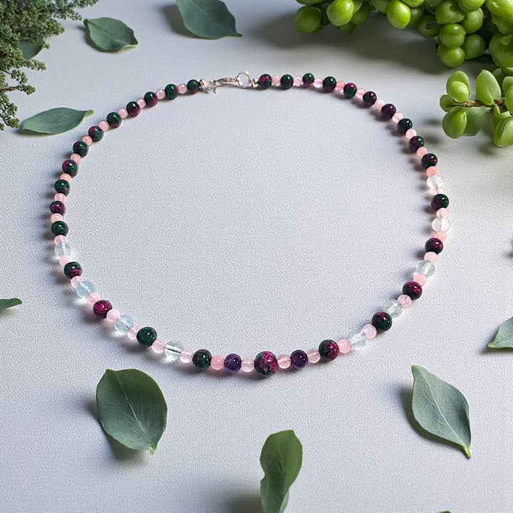 Necklace of Ruby Zosite, Rose Quartz, Fluorite | 18" for wholesale by Funky Aura Boutique