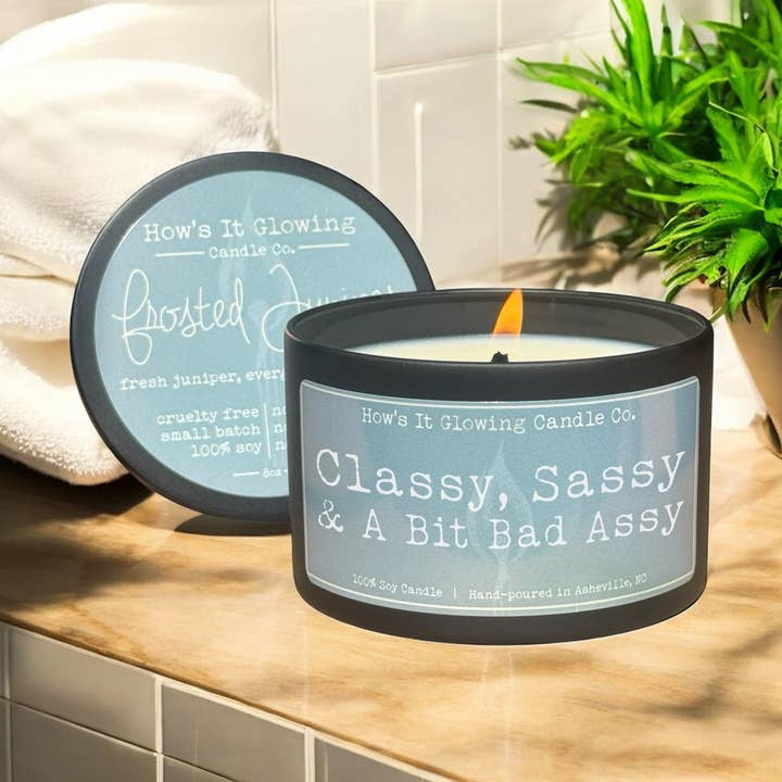 Classy Sassy & A Bit Bad Assy | Fun 100% Natural Soy Candle for wholesale by How's It Glowing Candle Co.