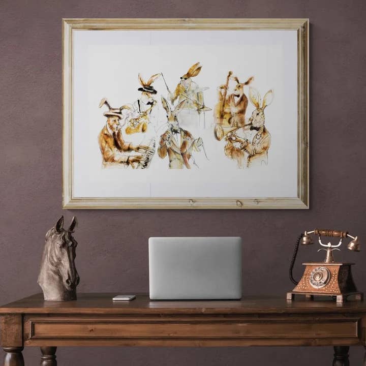 Art mural de groupe de lièvres jouant du jazz | Wendy Laverick pour la vente par Wendy Laverick