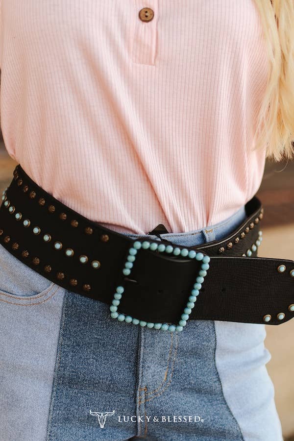 LUCKY & BLESSED - Wholesale Belt - Women's - Black Turquoise Stone Genuine Leather Wide Belt