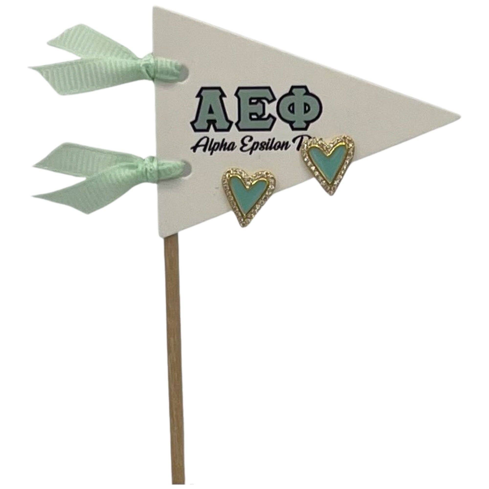 Color Shout – wholesale Stud/post earrings – E205-Love my Sorority: Bright Color Heart Studs on Greek Letter Pennant Flag2