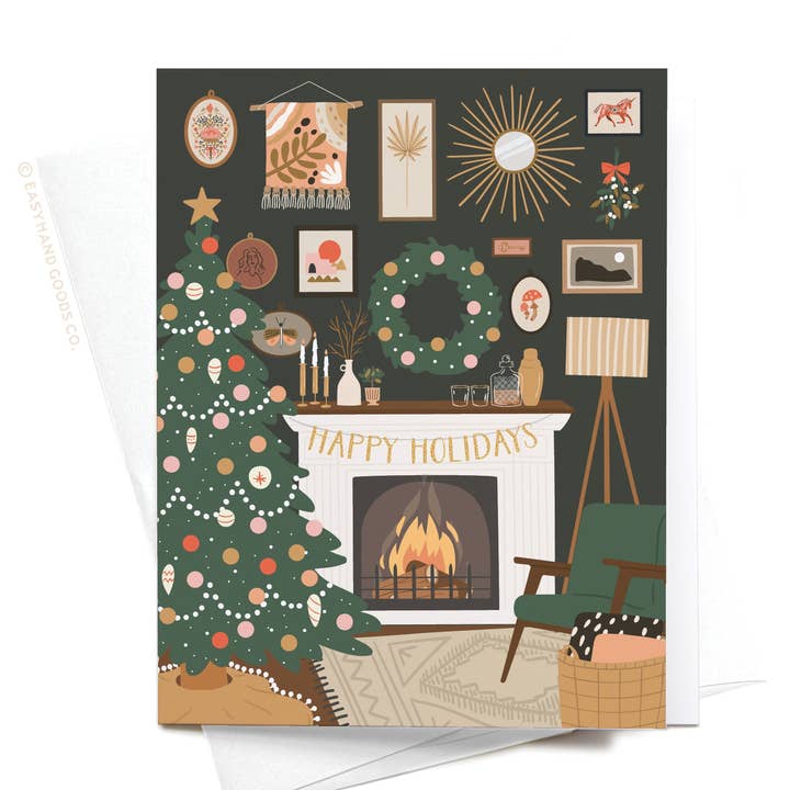 Happy Holidays Cozy Fireplace Greeting Card for wholesale by Easyhand Goods – formerly Onderkast