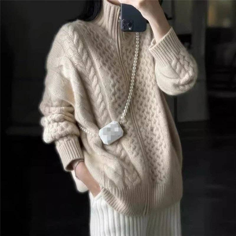 WHITE Thickened High Neck Zipper Twist Cashmere Cardigan for wholesale on Faire1