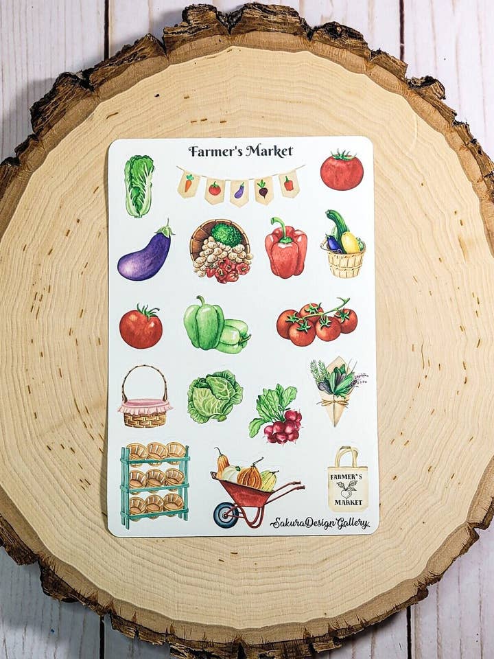 Feuille d'autocollants du marché fermier, autocollants de fruits et légumes pour la vente par Sakura Design Gallery