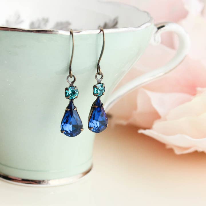 A Pocket of Posies - Wholesale Dangle Earrings - Vintage Glass Teardrop Earrings - Midnight Blue