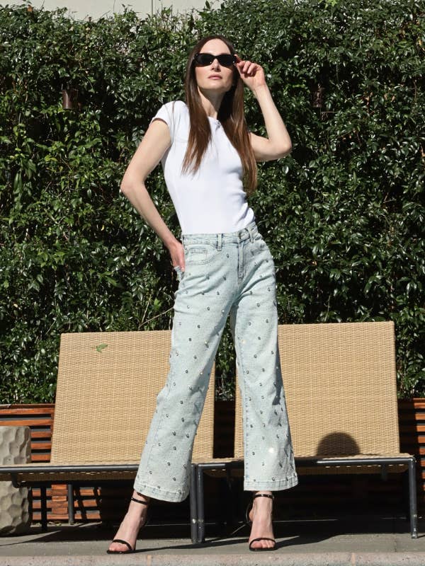 ARTEMIS VINTAGE - Wholesale Jeans - Women's - JEWEL EMBELLISHED HIGH RISE CROPPED PALAZZO JEANS