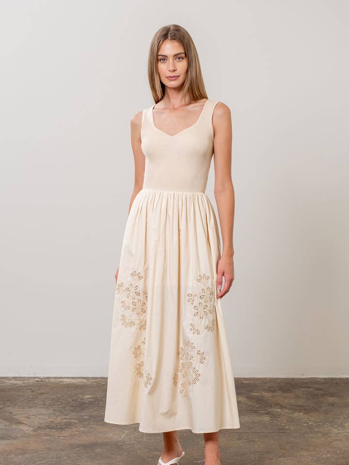 Moon River - Wholesale Dress - Women's - SWEATER TOP EYELET DETAIL MIDI DRESS