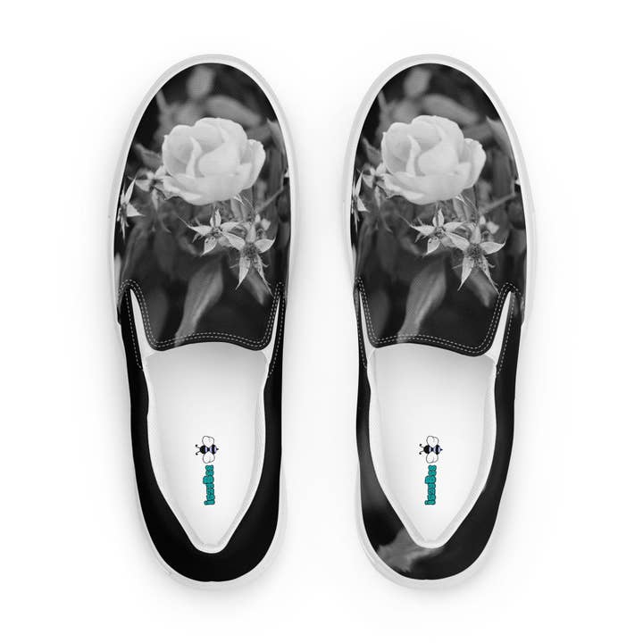 IszyBee Arts - Wholesale Slippers – Men's - Black and White Flower Men’s slip-on canvas shoes4