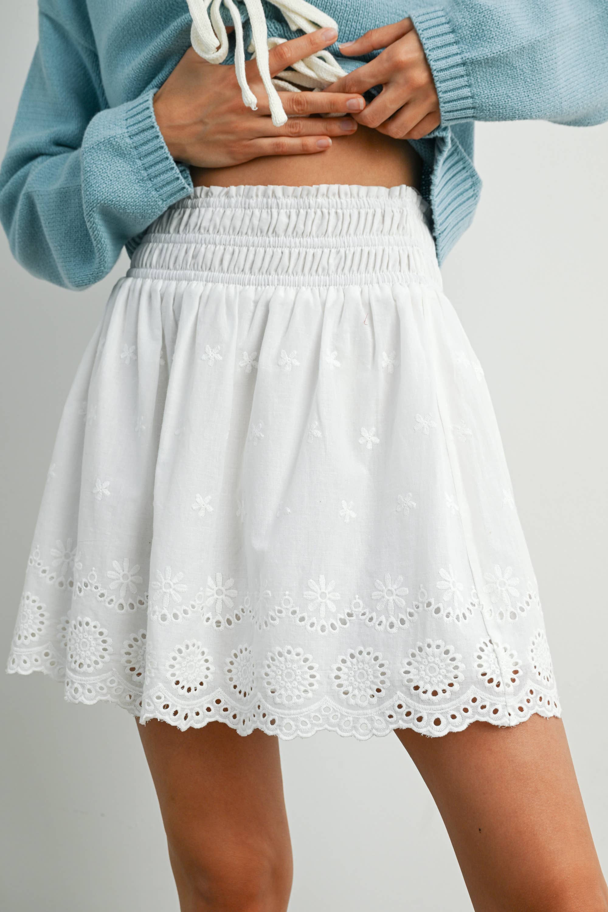 WHITE Eyelet Ruffle Smocked Skirt - BMS7764 for wholesale on Faire9