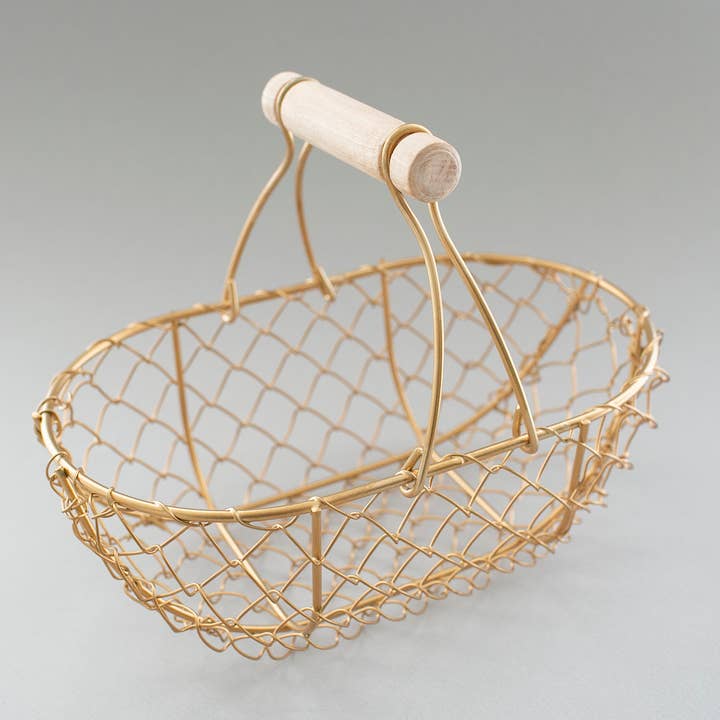 Indy Supply Co - Wholesale Basket - Petite Champagne Gold Fixed Handle Shallow Wire Basket