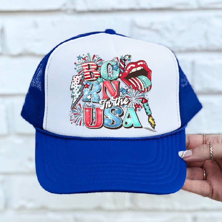 Retro Born in the USA DTF Printed Blue & White Trucker Hat for wholesale by Southern Attitude Designs Inc