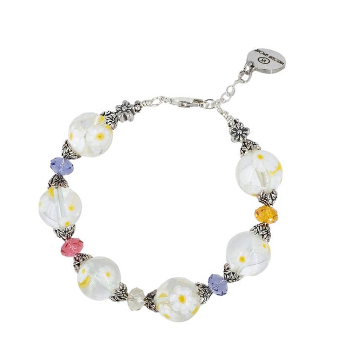Italian White Yellow Floral Murano Glass and Austrian Crystal Cuff Bracelet with Sterling Silver Clasp for wholesale by Viktoria Simonë