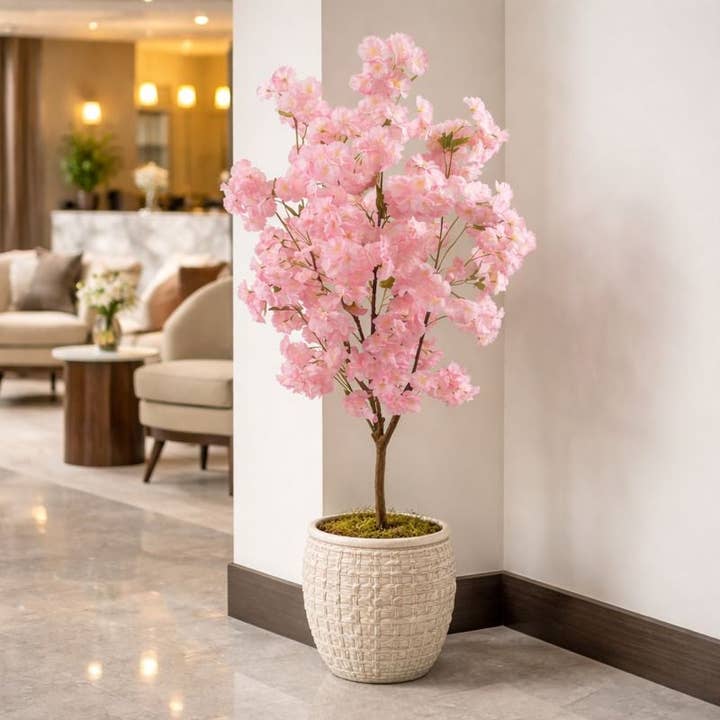 5 ft Tall Faux Pink Sichuan Cherry Blossom, Nearly Natural Large Artificial Tree, Indoor Decor for Living Room, Office, Patio for wholesale by Sona Casa