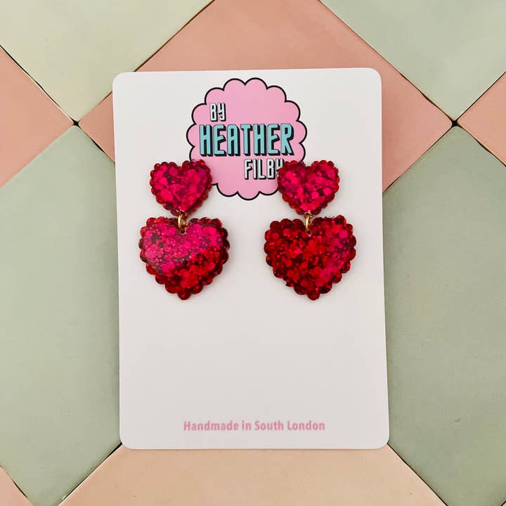 By Heather Filby - Wholesale Dangle Earrings - Frilly Double Heart Glitter Resin Earrings (More Colours)6