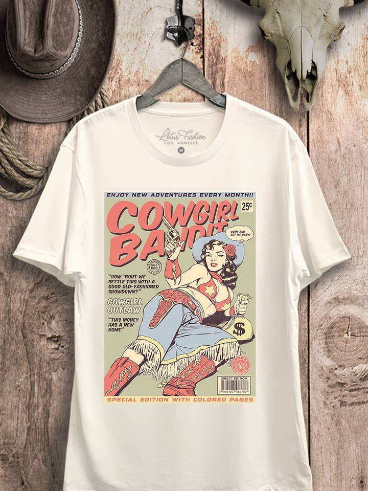 Lotus Fashion Collection - Wholesale Screen Printed T-Shirt - Women's - Cowgirl Bandit Western Comics Retro Graphic Top