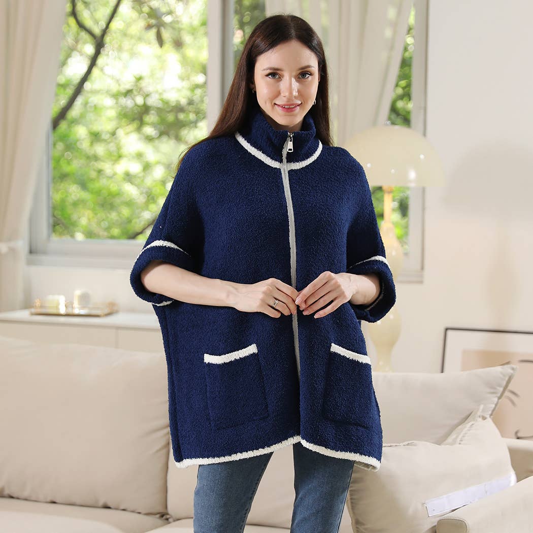 Fashion City - Wholesale Outerwear Poncho - Women's - Solid Zipper Jacket with Outlined Edges34