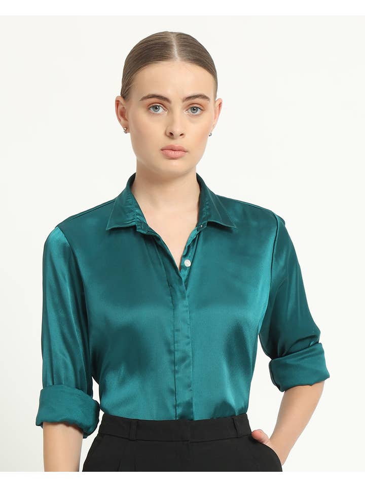 Thevasa - Wholesale Button Down Shirt - Women's - Satin Effect Formal Deep Teal Shirt
