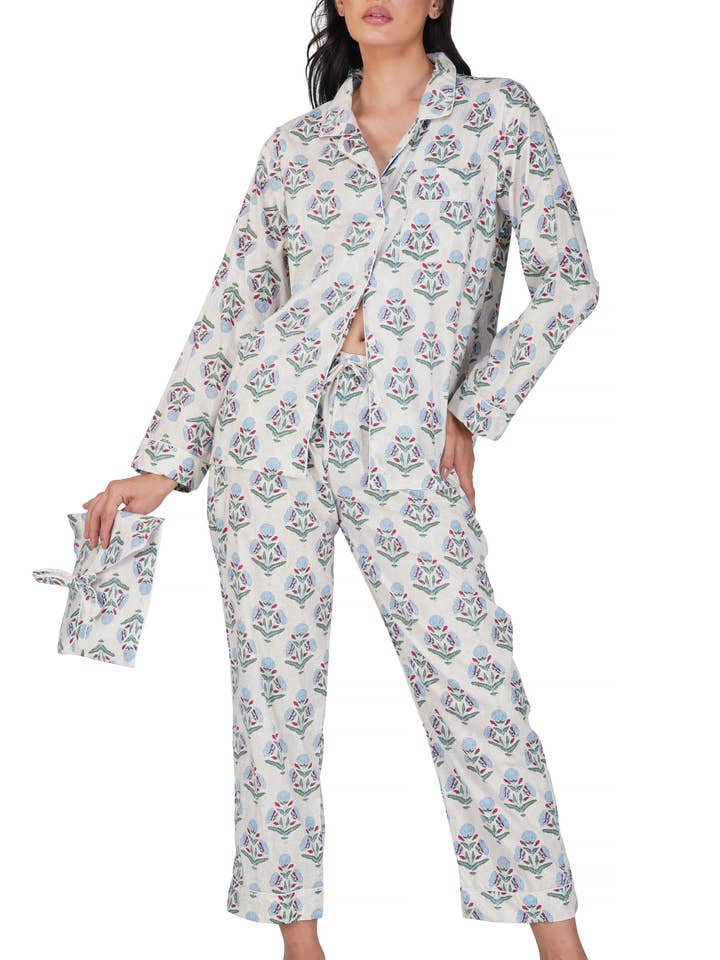 Bloom : Ensemble de pyjama 3 pièces à imprimé en blocs pour femmes pour la vente par Purple Mohar