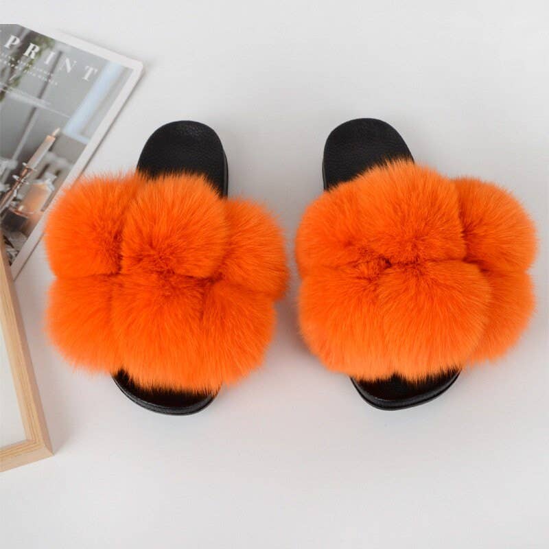 FurDecoration - Vente Chaussons – femme - Glissières en fourrure de renard naturel véritable, grandes glissières en fourrure moelleuse5