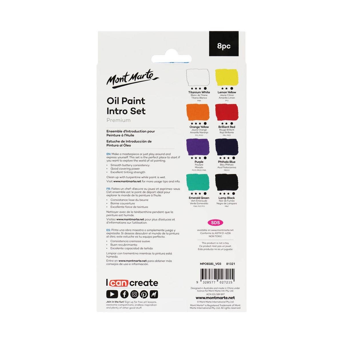 Mont Marte Usa, Inc. - Vente Assortiments de peinture - Ensemble d'introduction de peinture à l'huile de qualité supérieure 8 pièces x 18 ml (0,6 oz)1
