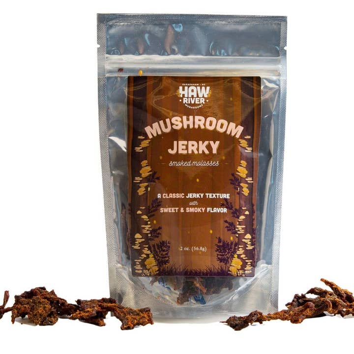 Smoked Molasses Mushroom Jerky for wholesale by Haw River Mushrooms