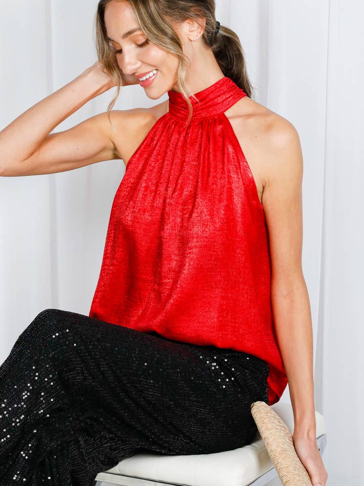 Vine & Love Halter-Top mit Bindeband und schimmerndem Webstoff VT60706A für den Großhandel von Vine & Love