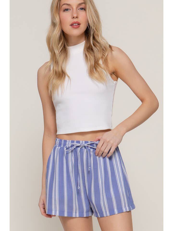 Active Basic | Active USA - Wholesale Shorts - Women's - Elastic Waist Band Detail Stripe Printed Linen Effect Shorts1