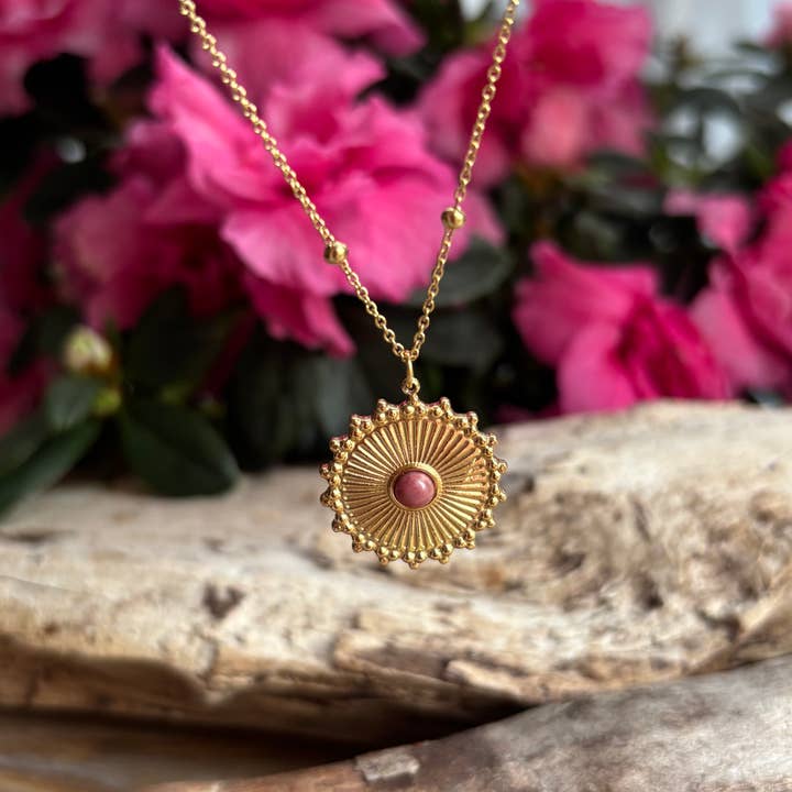 18ct Gold Plated Rhodochrosite Sun Pendant Necklace for wholesale by Ocean Ripples