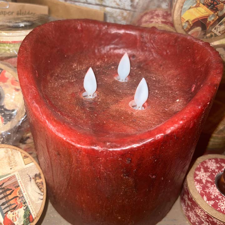 Raggedy Junction - Wholesale Flameless Candle - 6x6" Tri 3 wick Moving Flame Flameless Timer Pillar Candle