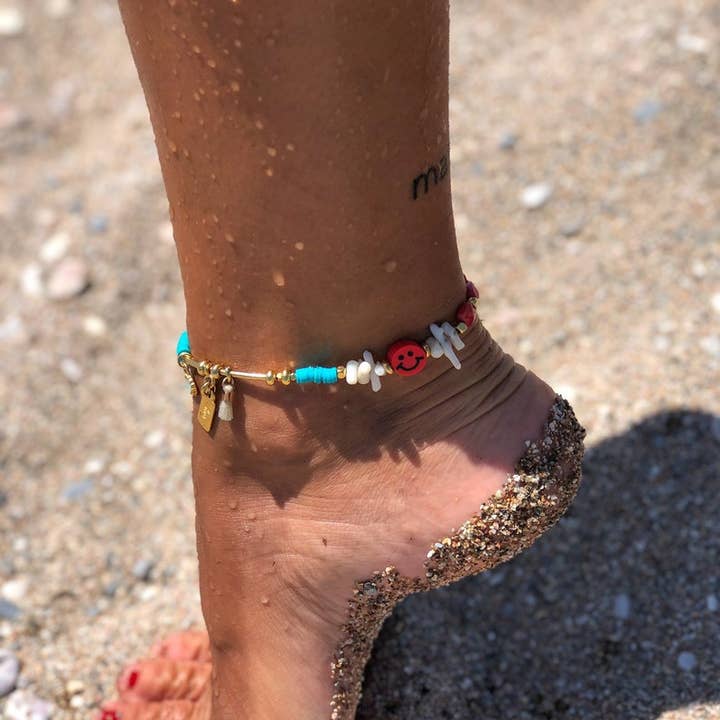 Christina Christi - Vendita all'ingrosso Cavigliere - Cavigliera boho con charm a sorriso e perline colorate0