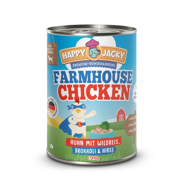 HAPPY JACKY - Vente Nourriture – chien - HAPPY JACKY | nourriture humide haut de gamme extra sensible pour chiens sans céréales | Poulet avec riz sauvage, brocoli & millet | sans conservateurs, sans sucre