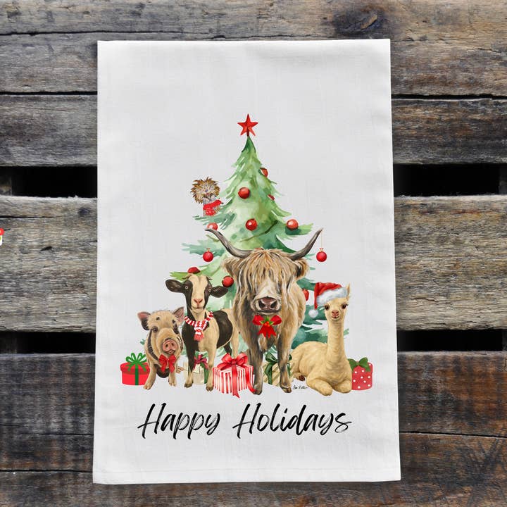 Christmas Tree Farm Animal Tea Towel, Christmas Tree Decor for wholesale by Hippie Hound Studios