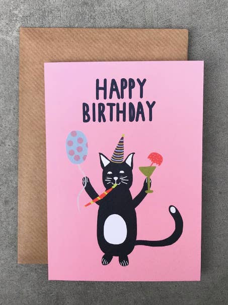 Cartão Feliz Aniversário Gato Rosa por atacado de Isabel Canvas