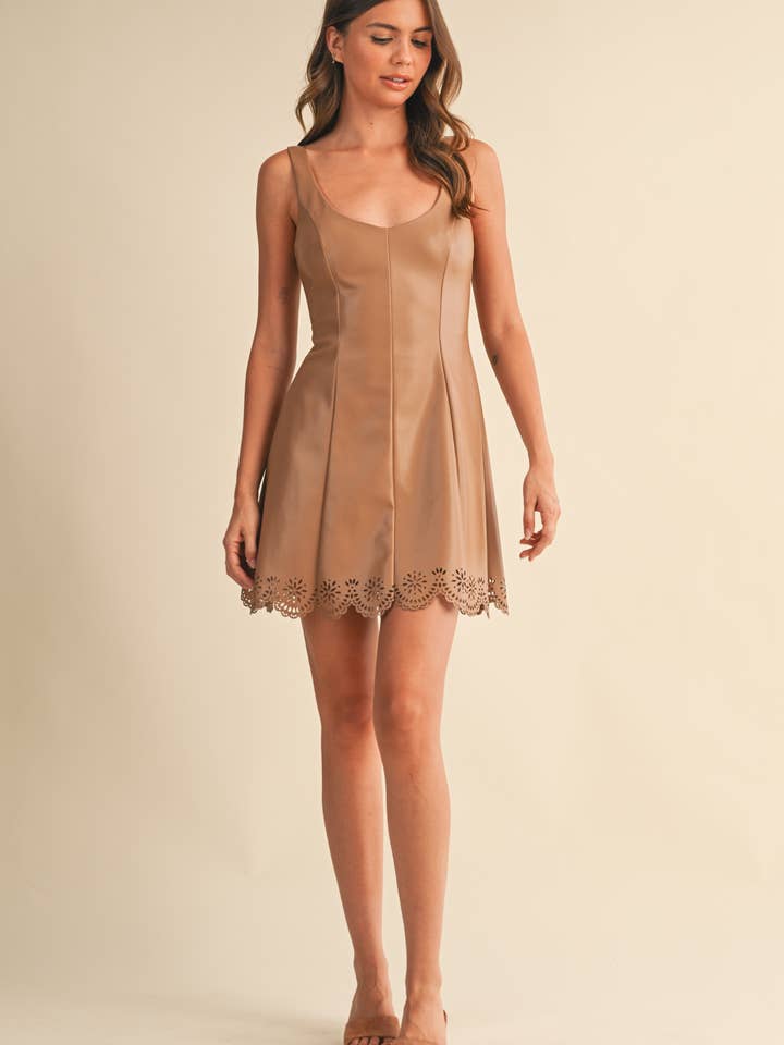 ID9567 FAUX LEATHER LASER CUT SCALLOP HEM MINI DRESS for wholesale by Klesis