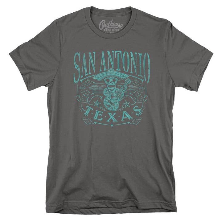 San Antonio Skull Mariachi Tee for wholesale by Outhouse Designs