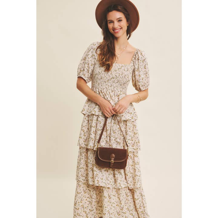 in february - Wholesale Dress - Women's - PUFF SLEEVED VICTORIAN FLORAL SMOCKED MAXI DRESS